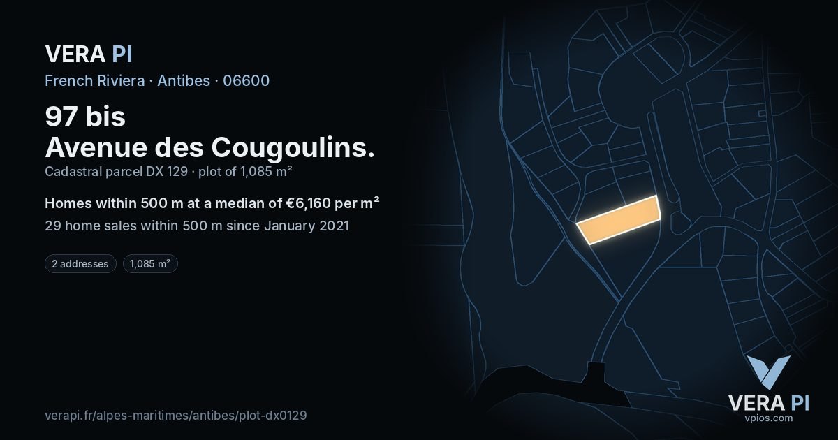 97 bis Avenue des Cougoulins, Antibes at night – the plot lit, the parcels around coloured by the prices near them