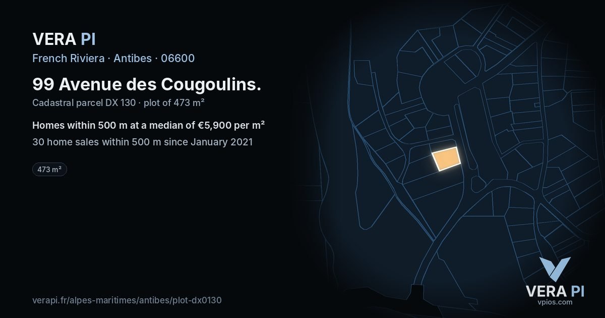 99 Avenue des Cougoulins, Antibes at night – the plot lit, the parcels around coloured by the prices near them