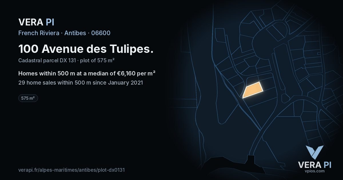 100 Avenue des Tulipes, Antibes at night – the plot lit, the parcels around coloured by the prices near them