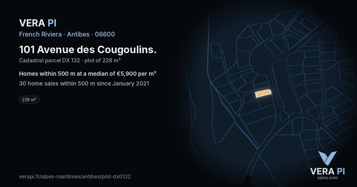 101 Avenue des Cougoulins, Antibes at night – the plot lit, the parcels around coloured by the prices near them