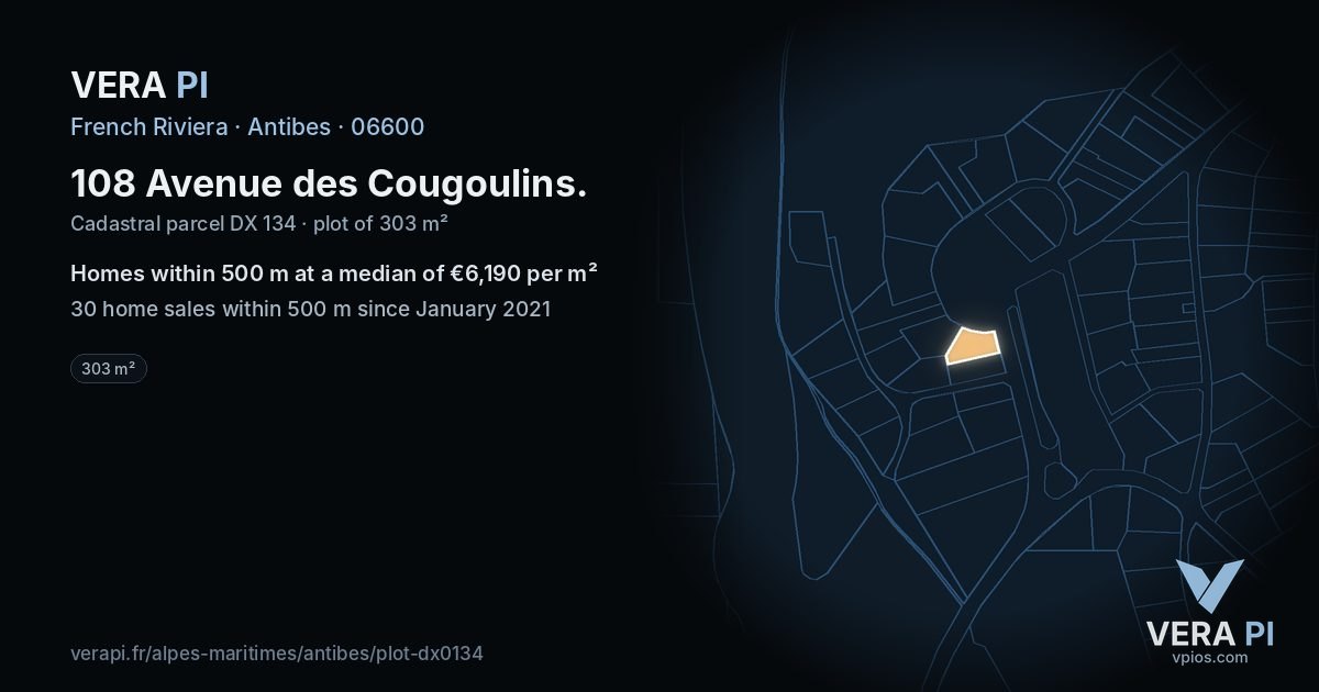 108 Avenue des Cougoulins, Antibes at night – the plot lit, the parcels around coloured by the prices near them