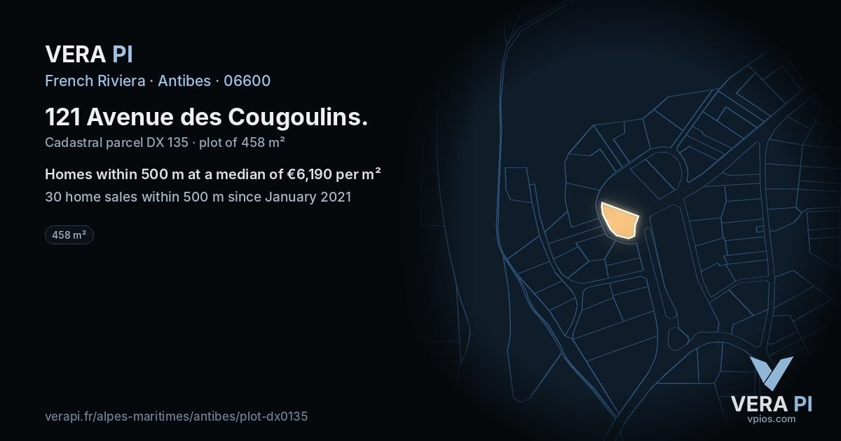 121 Avenue des Cougoulins, Antibes at night – the plot lit, the parcels around coloured by the prices near them