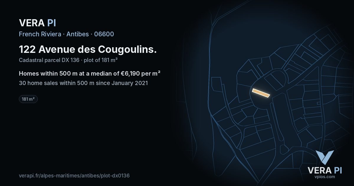 122 Avenue des Cougoulins, Antibes at night – the plot lit, the parcels around coloured by the prices near them