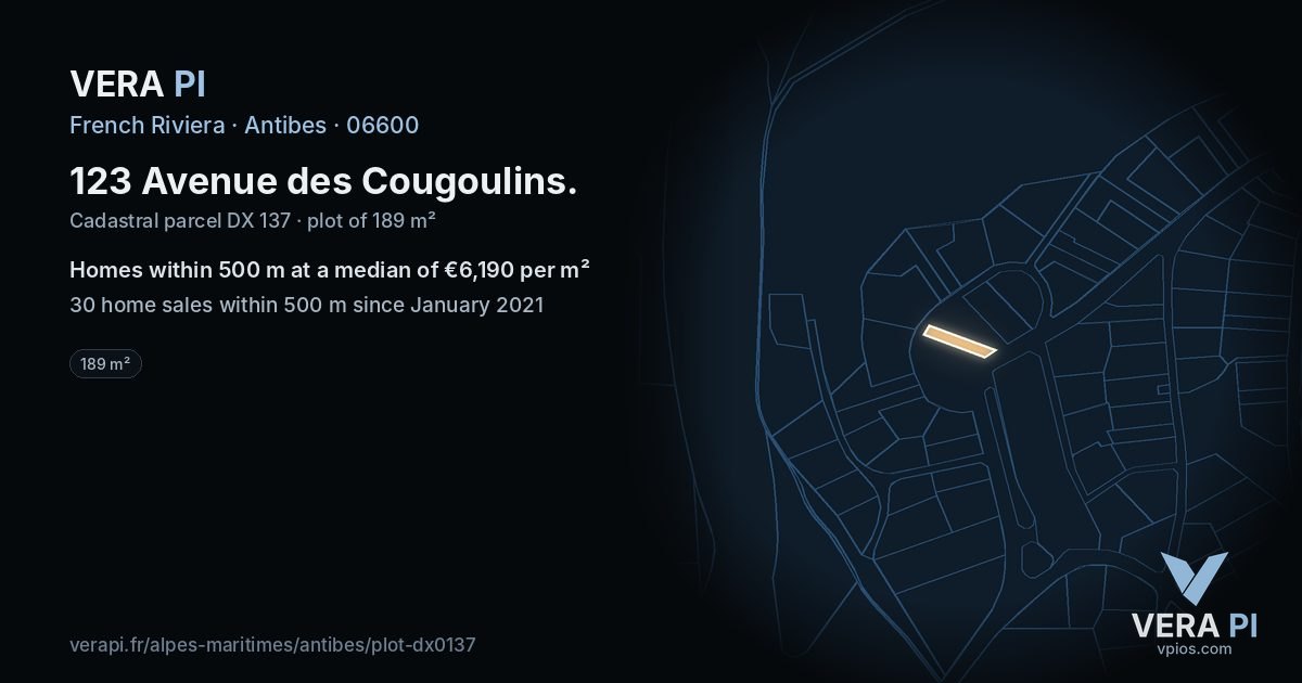 123 Avenue des Cougoulins, Antibes at night – the plot lit, the parcels around coloured by the prices near them