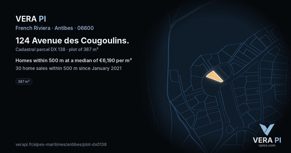 124 Avenue des Cougoulins, Antibes at night – the plot lit, the parcels around coloured by the prices near them