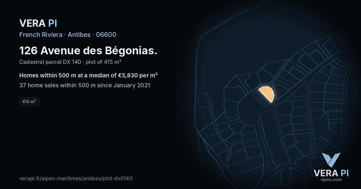 126 Avenue des Bégonias, Antibes at night – the plot lit, the parcels around coloured by the prices near them