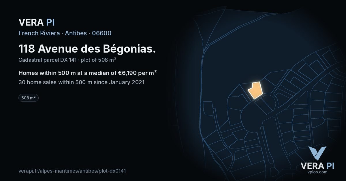 118 Avenue des Bégonias, Antibes at night – the plot lit, the parcels around coloured by the prices near them