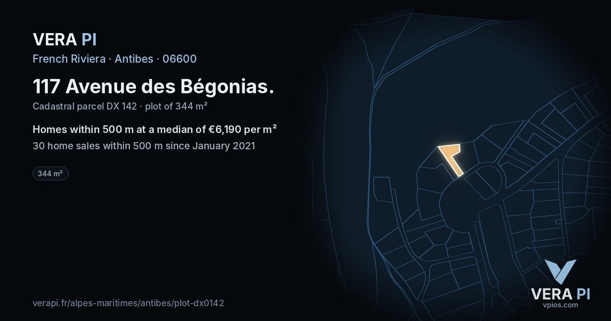 117 Avenue des Bégonias, Antibes at night – the plot lit, the parcels around coloured by the prices near them