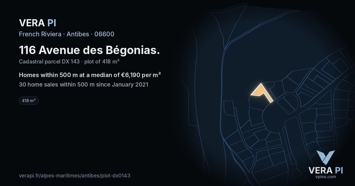 116 Avenue des Bégonias, Antibes at night – the plot lit, the parcels around coloured by the prices near them