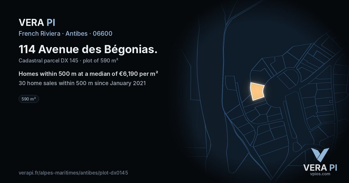 114 Avenue des Bégonias, Antibes at night – the plot lit, the parcels around coloured by the prices near them