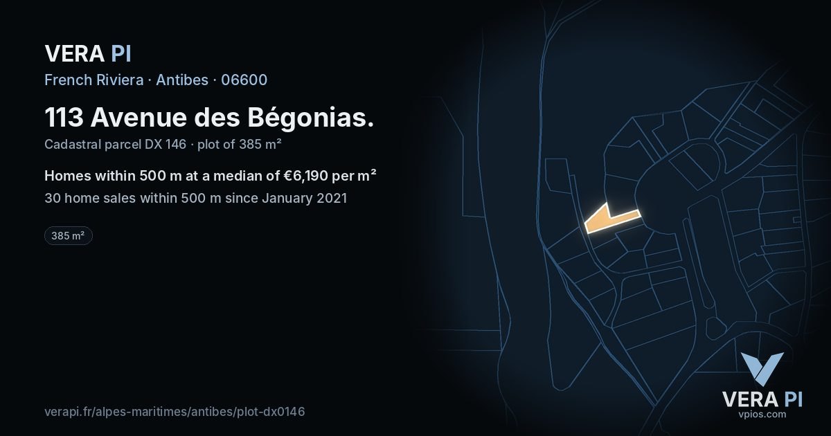 113 Avenue des Bégonias, Antibes at night – the plot lit, the parcels around coloured by the prices near them