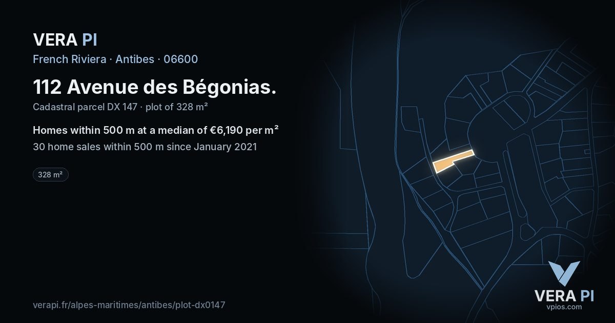 112 Avenue des Bégonias, Antibes at night – the plot lit, the parcels around coloured by the prices near them