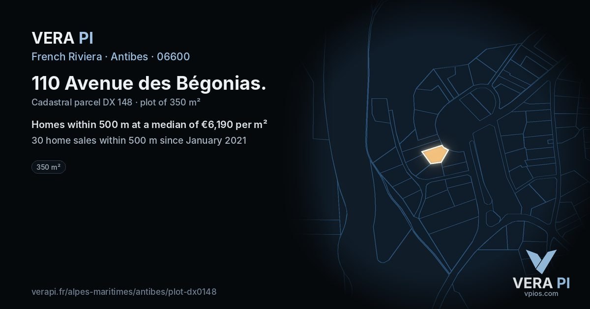 110 Avenue des Bégonias, Antibes at night – the plot lit, the parcels around coloured by the prices near them