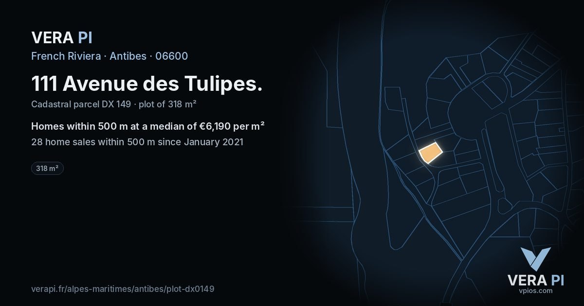 111 Avenue des Tulipes, Antibes at night – the plot lit, the parcels around coloured by the prices near them