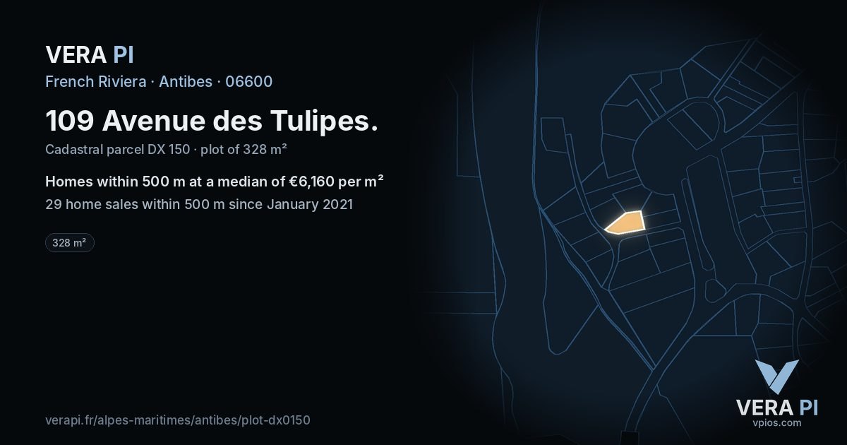 109 Avenue des Tulipes, Antibes at night – the plot lit, the parcels around coloured by the prices near them
