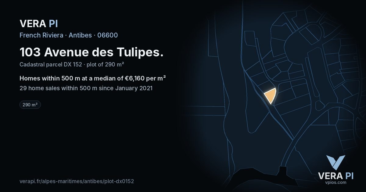 103 Avenue des Tulipes, Antibes at night – the plot lit, the parcels around coloured by the prices near them