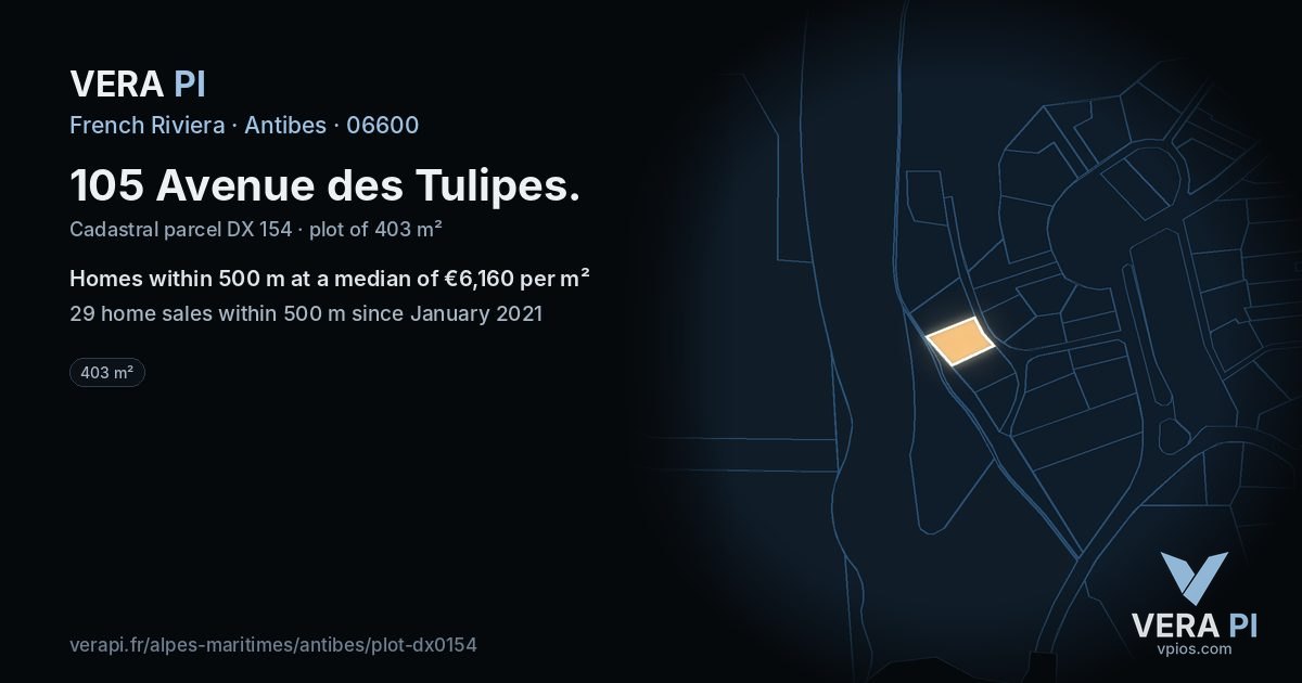 105 Avenue des Tulipes, Antibes at night – the plot lit, the parcels around coloured by the prices near them