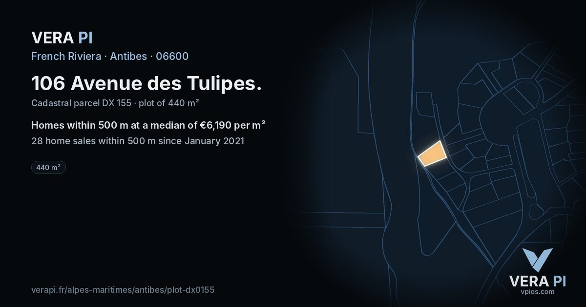 106 Avenue des Tulipes, Antibes at night – the plot lit, the parcels around coloured by the prices near them