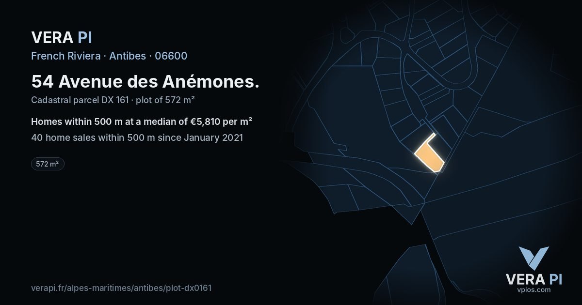 54 Avenue des Anémones, Antibes at night – the plot lit, the parcels around coloured by the prices near them