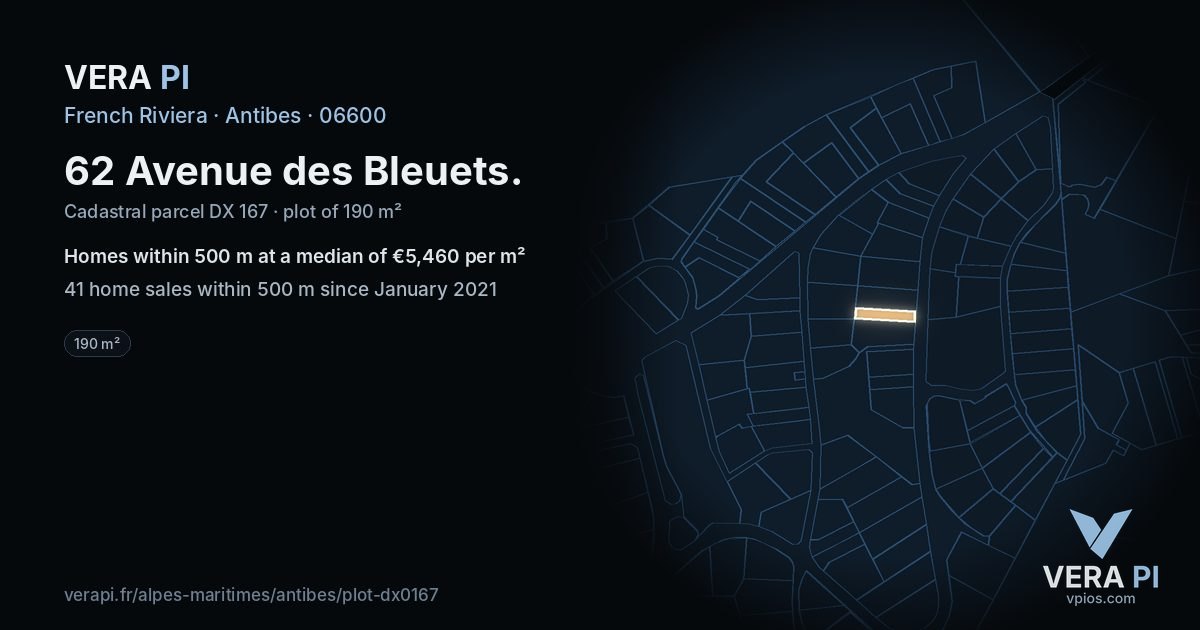 62 Avenue des Bleuets, Antibes at night – the plot lit, the parcels around coloured by the prices near them