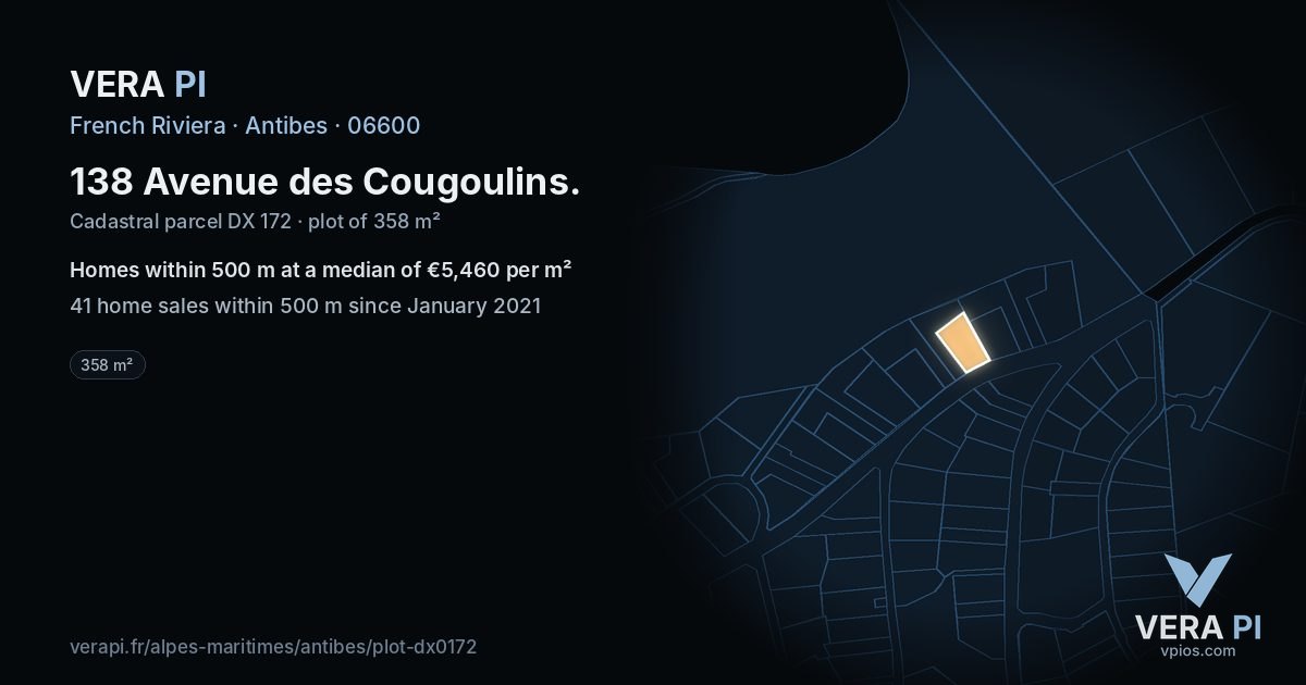 138 Avenue des Cougoulins, Antibes at night – the plot lit, the parcels around coloured by the prices near them