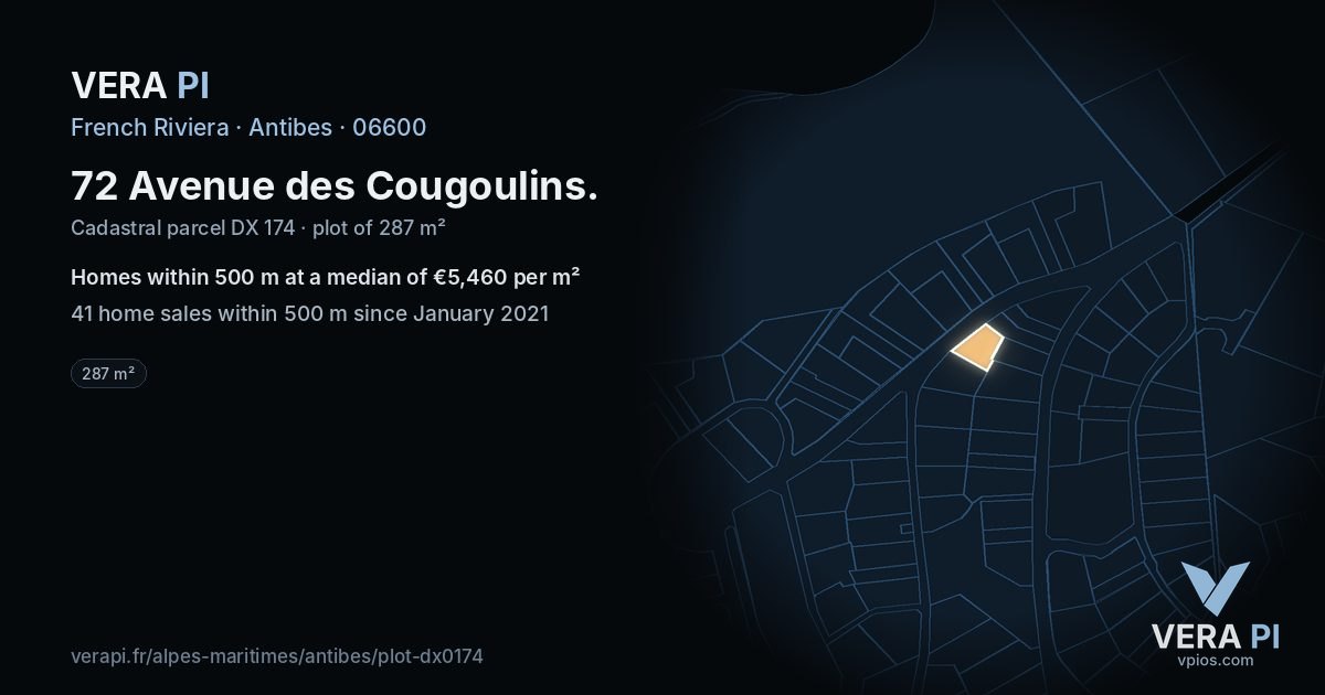 72 Avenue des Cougoulins, Antibes at night – the plot lit, the parcels around coloured by the prices near them