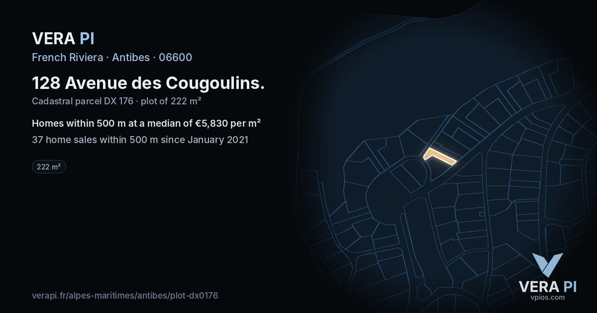 128 Avenue des Cougoulins, Antibes at night – the plot lit, the parcels around coloured by the prices near them