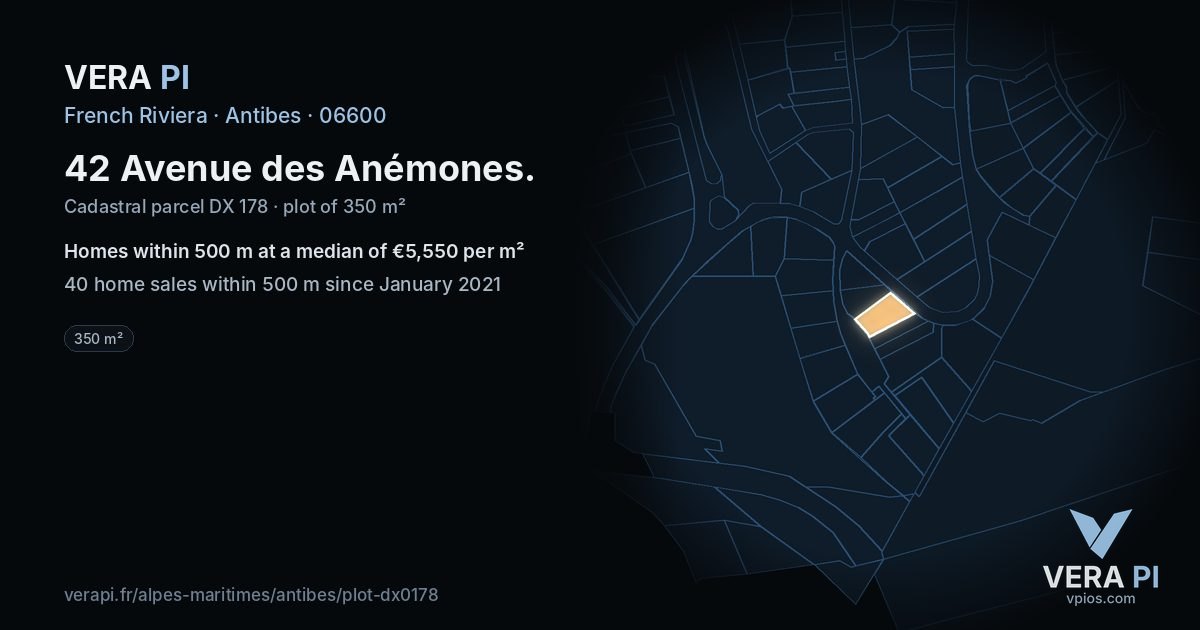 42 Avenue des Anémones, Antibes at night – the plot lit, the parcels around coloured by the prices near them