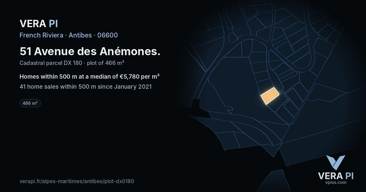 51 Avenue des Anémones, Antibes at night – the plot lit, the parcels around coloured by the prices near them