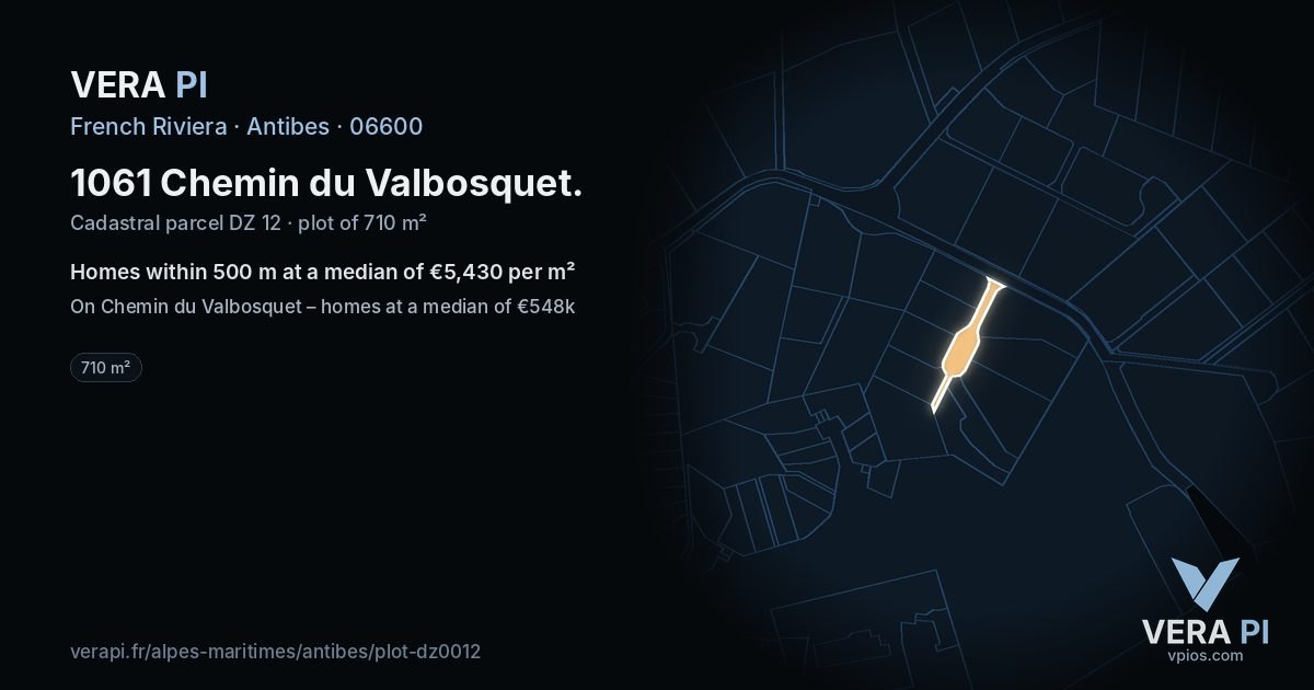 1061 Chemin du Valbosquet, Antibes at night – the plot lit, the parcels around coloured by the prices near them