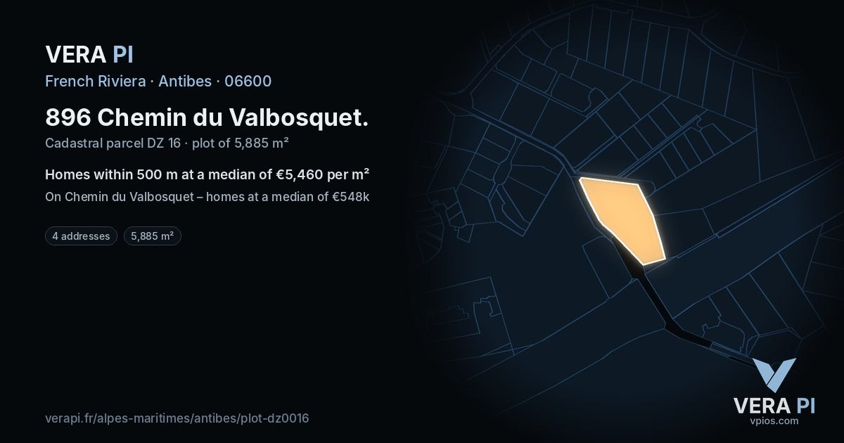 896 Chemin du Valbosquet, Antibes at night – the plot lit, the parcels around coloured by the prices near them