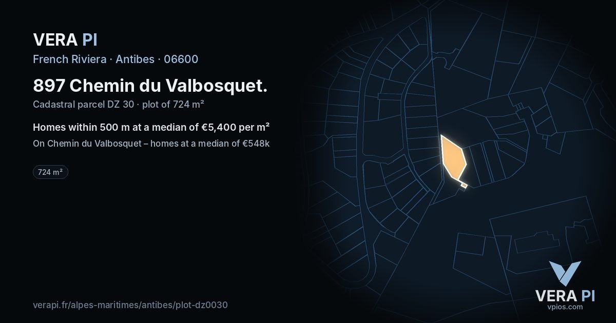 897 Chemin du Valbosquet, Antibes at night – the plot lit, the parcels around coloured by the prices near them