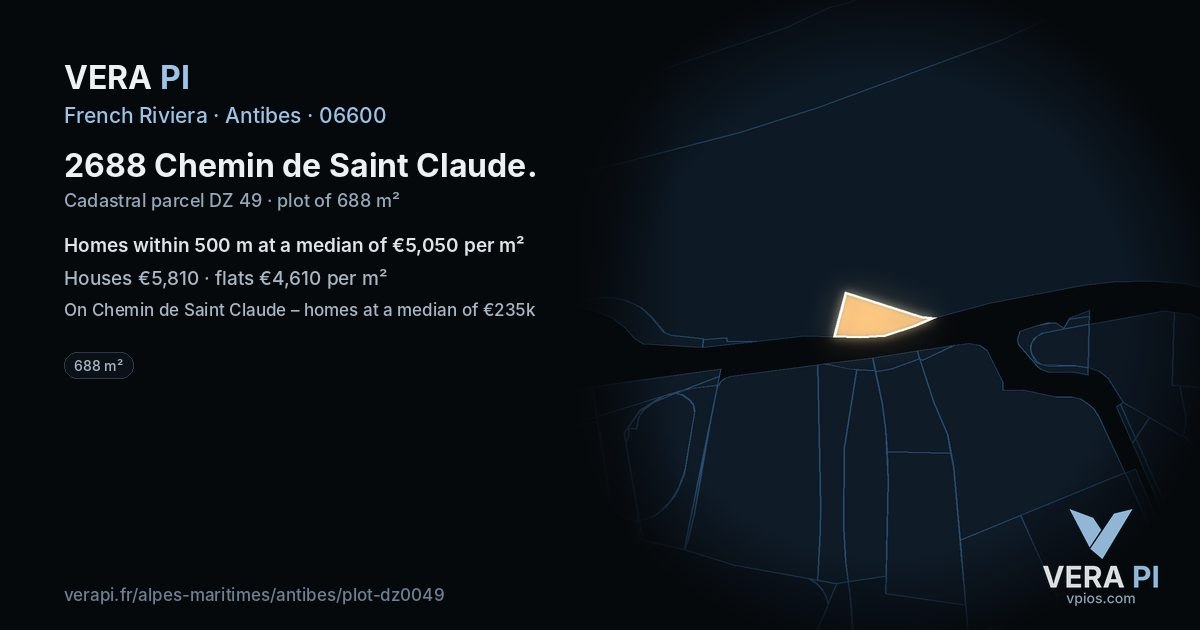 2688 Chemin de Saint Claude, Antibes at night – the plot lit, the parcels around coloured by the prices near them