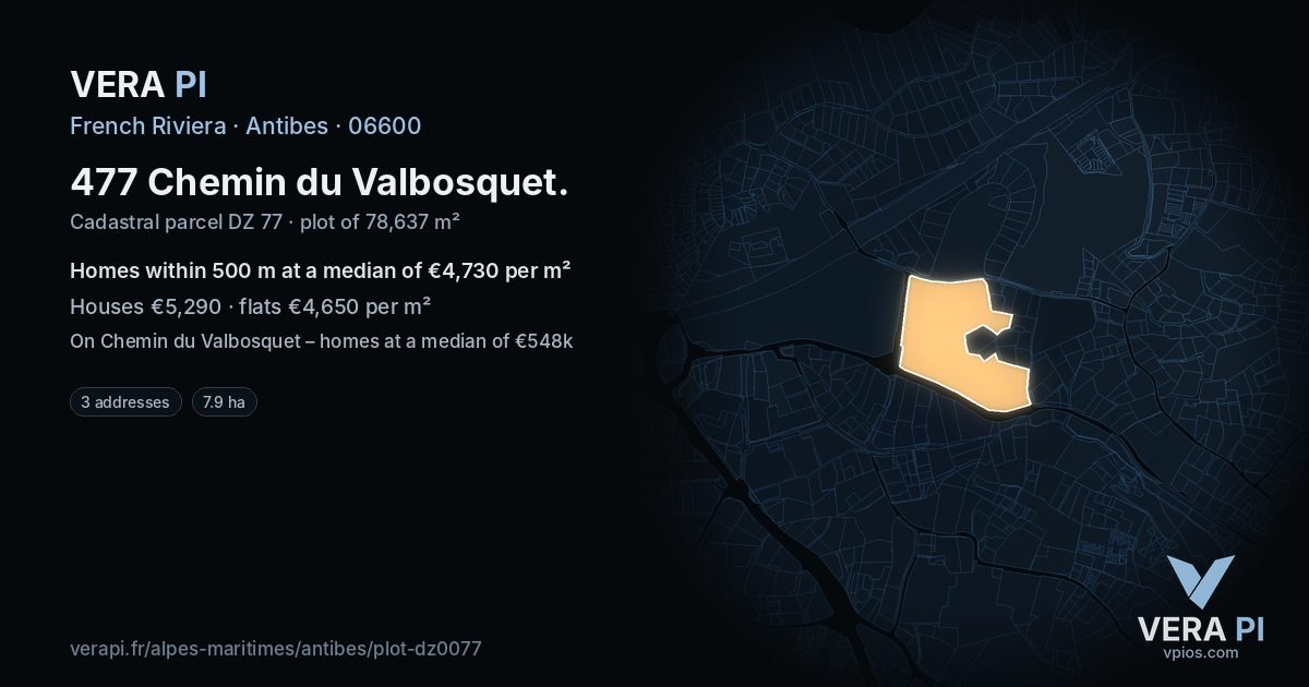 477 Chemin du Valbosquet, Antibes at night – the plot lit, the parcels around coloured by the prices near them