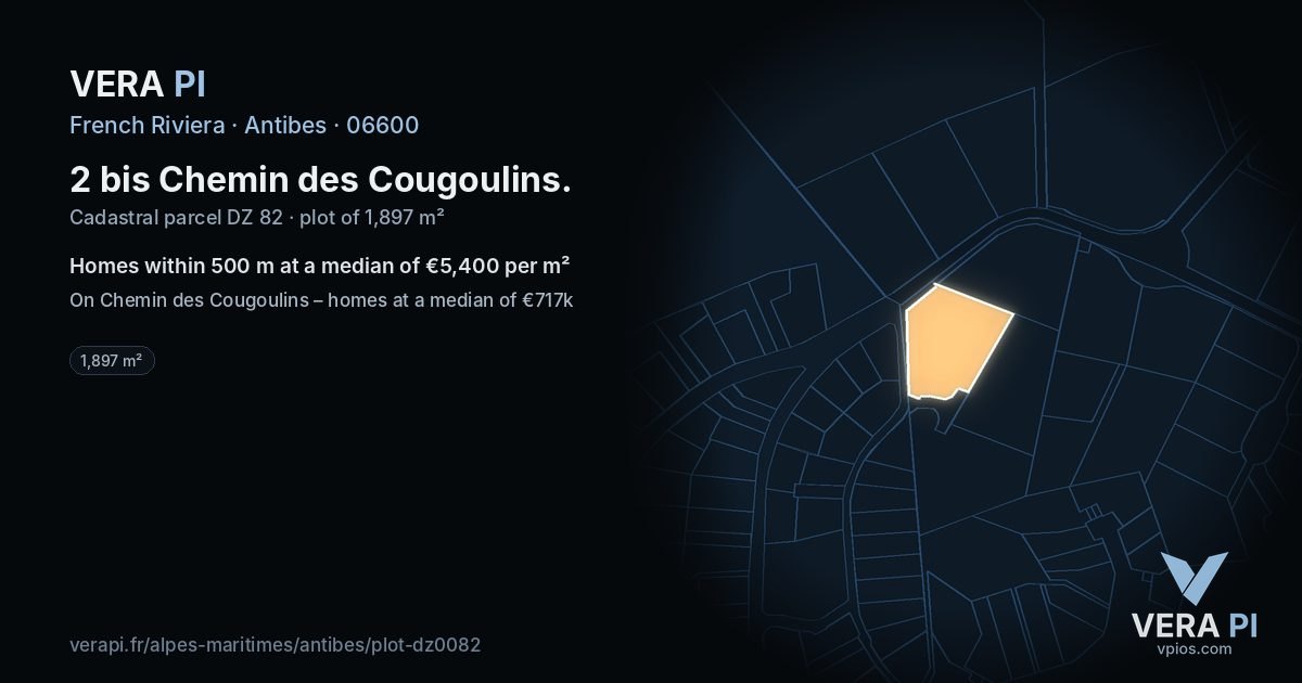 2 bis Chemin des Cougoulins, Antibes at night – the plot lit, the parcels around coloured by the prices near them
