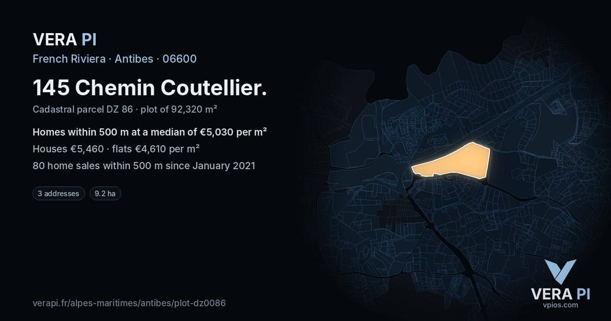 145 Chemin Coutellier, Antibes at night – the plot lit, the parcels around coloured by the prices near them