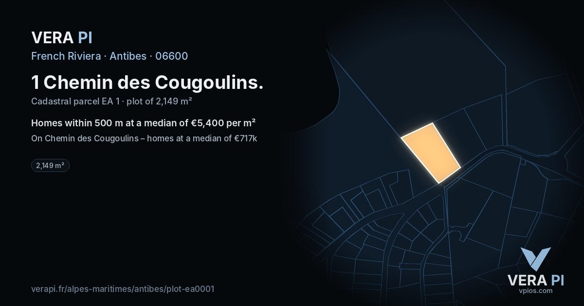 1 Chemin des Cougoulins, Antibes at night – the plot lit, the parcels around coloured by the prices near them