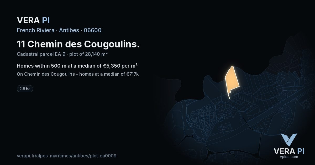 11 Chemin des Cougoulins, Antibes at night – the plot lit, the parcels around coloured by the prices near them