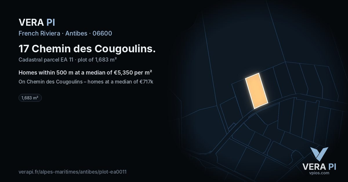 17 Chemin des Cougoulins, Antibes at night – the plot lit, the parcels around coloured by the prices near them