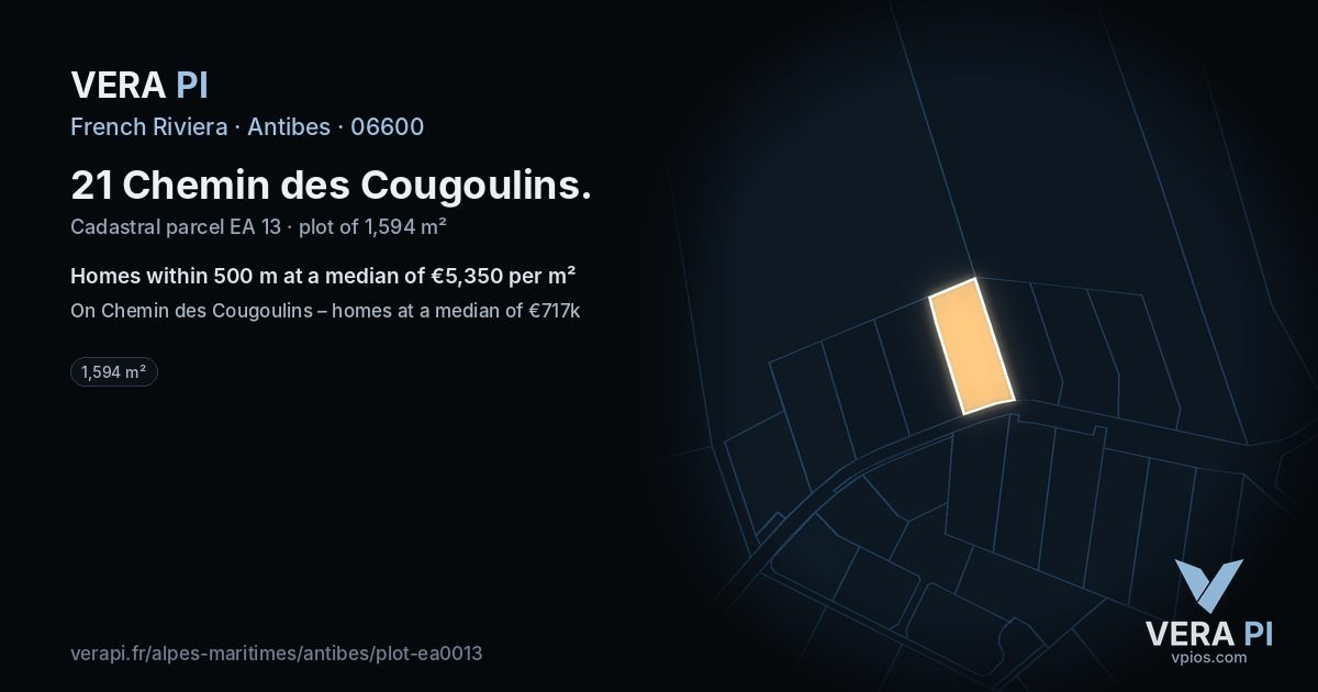 21 Chemin des Cougoulins, Antibes at night – the plot lit, the parcels around coloured by the prices near them