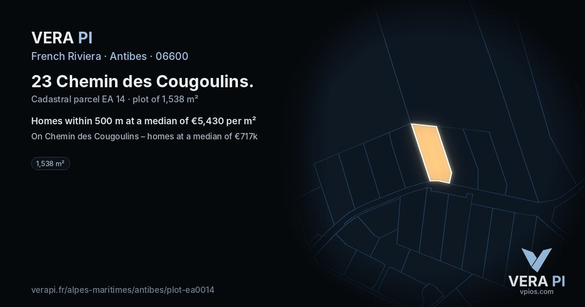 23 Chemin des Cougoulins, Antibes at night – the plot lit, the parcels around coloured by the prices near them