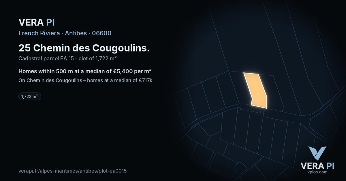 25 Chemin des Cougoulins, Antibes at night – the plot lit, the parcels around coloured by the prices near them