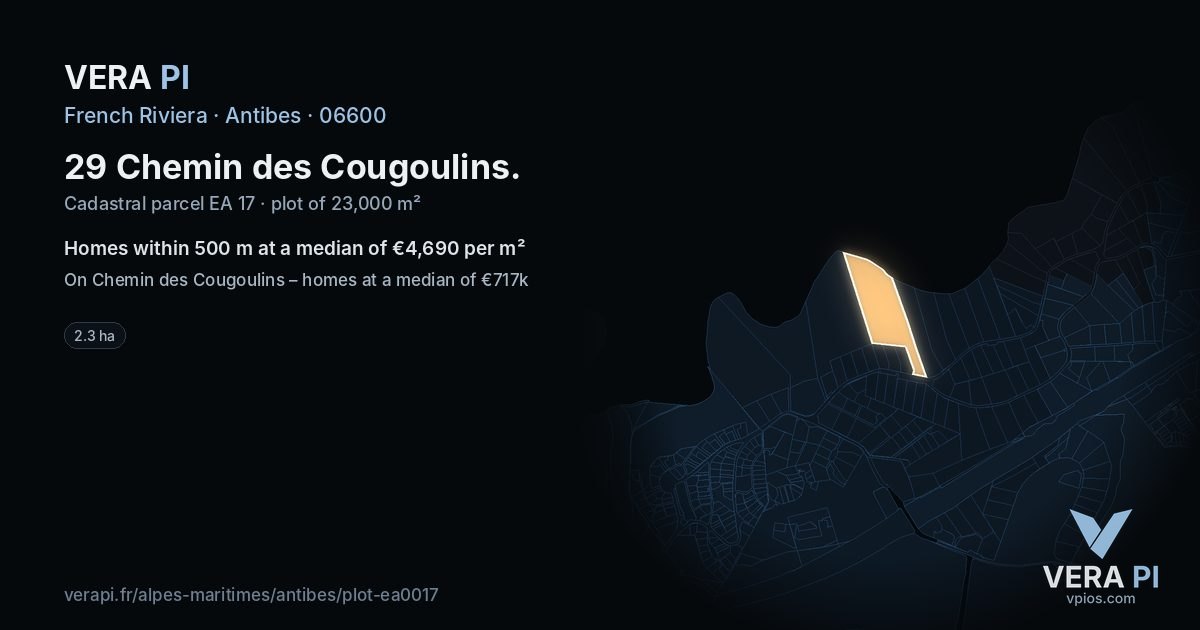 29 Chemin des Cougoulins, Antibes at night – the plot lit, the parcels around coloured by the prices near them