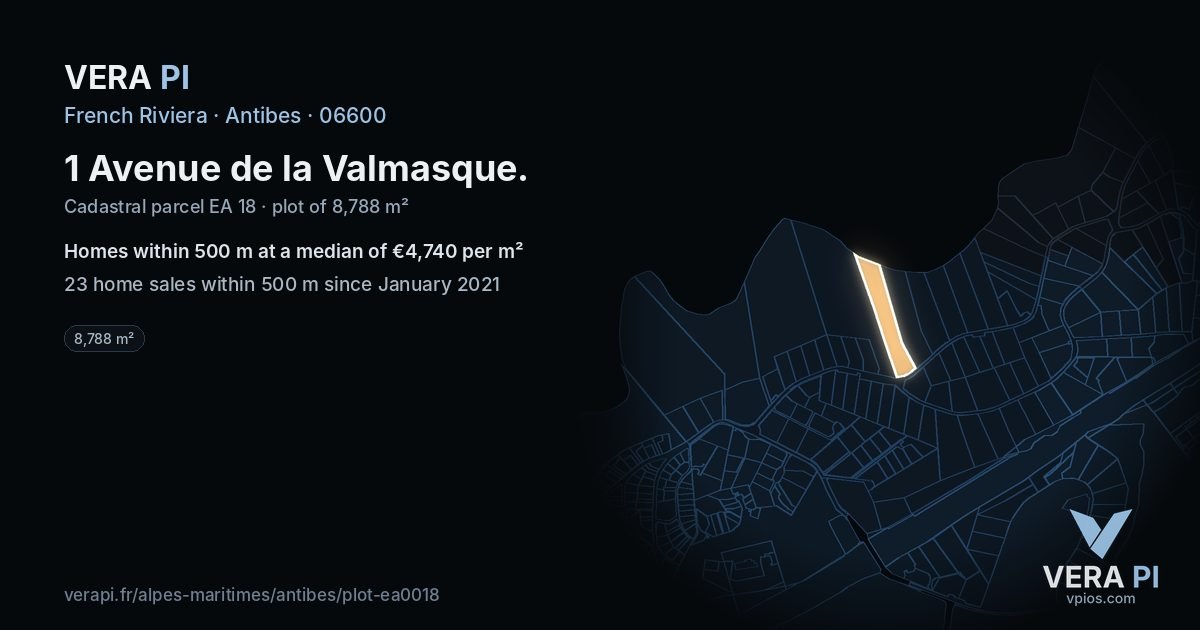 1 Avenue de la Valmasque, Antibes at night – the plot lit, the parcels around coloured by the prices near them