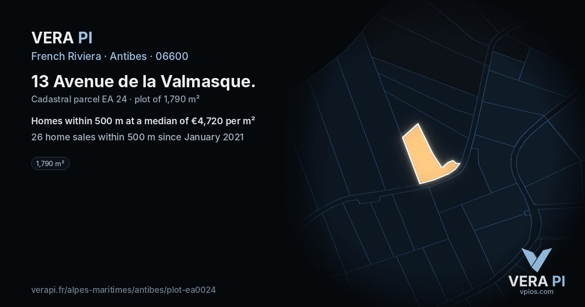 13 Avenue de la Valmasque, Antibes at night – the plot lit, the parcels around coloured by the prices near them