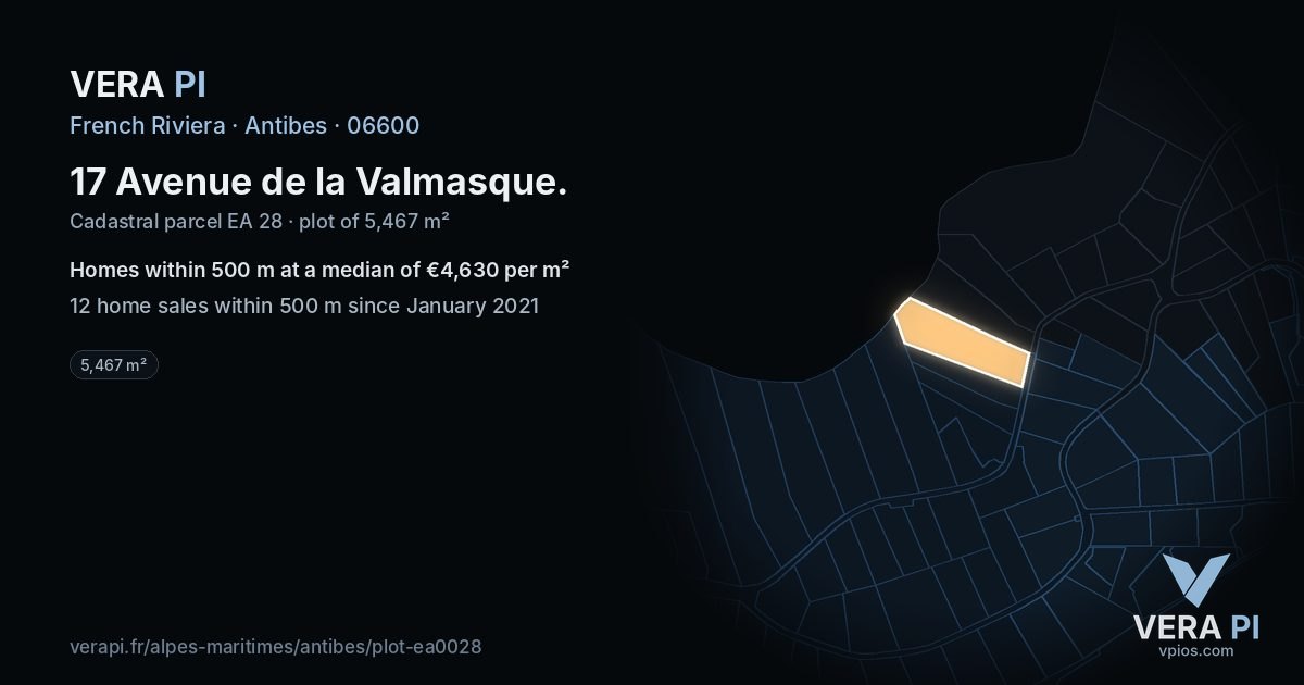 17 Avenue de la Valmasque, Antibes at night – the plot lit, the parcels around coloured by the prices near them