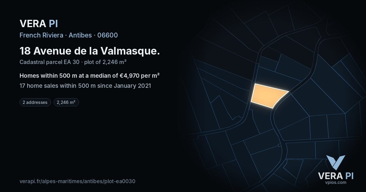 18 Avenue de la Valmasque, Antibes at night – the plot lit, the parcels around coloured by the prices near them