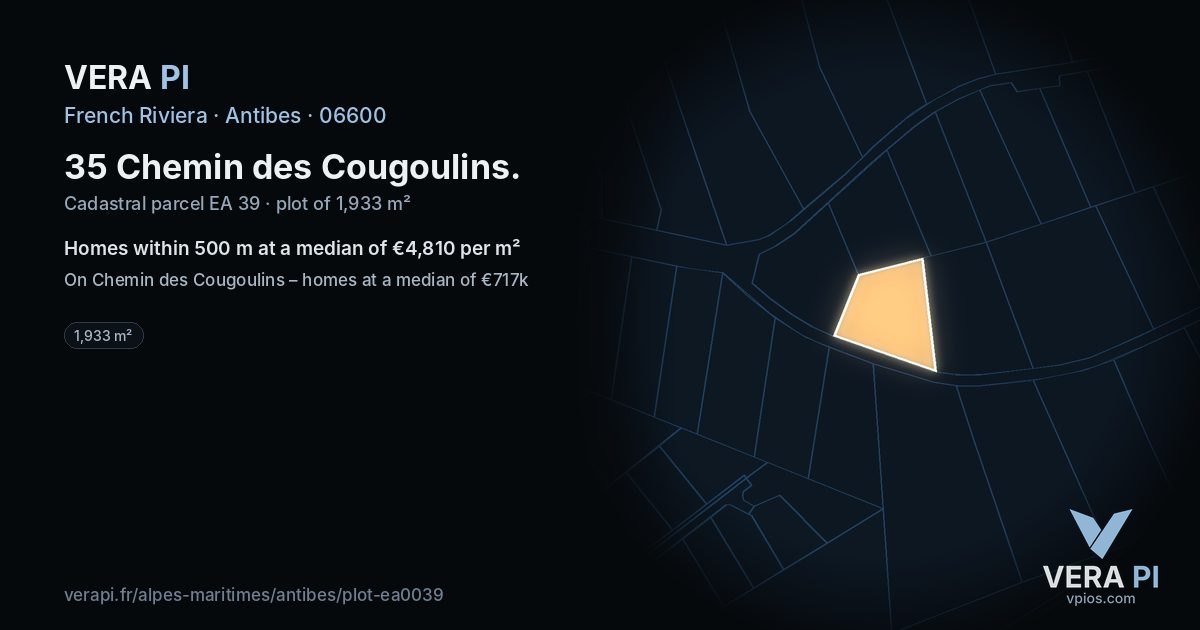 35 Chemin des Cougoulins, Antibes at night – the plot lit, the parcels around coloured by the prices near them