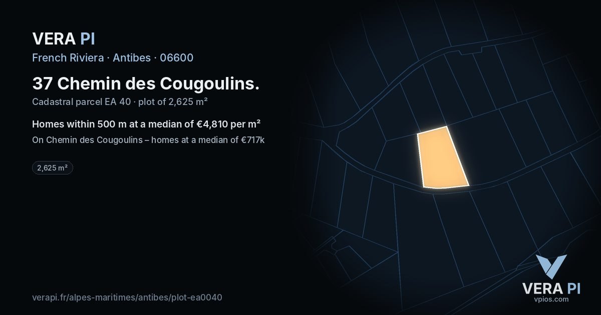 37 Chemin des Cougoulins, Antibes at night – the plot lit, the parcels around coloured by the prices near them