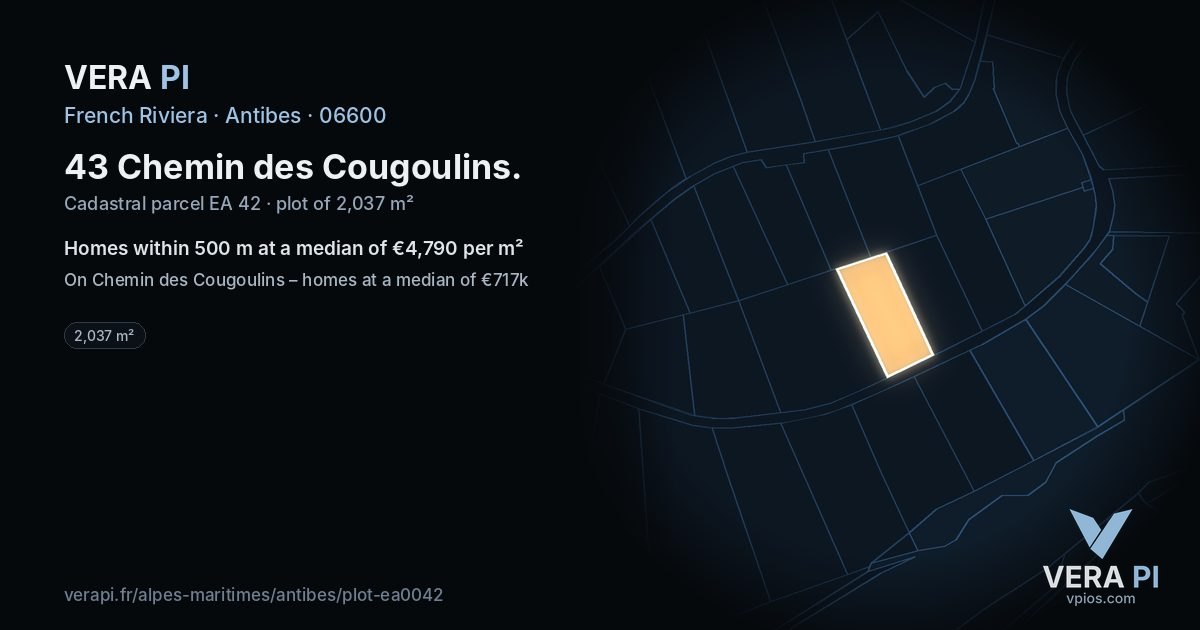 43 Chemin des Cougoulins, Antibes at night – the plot lit, the parcels around coloured by the prices near them